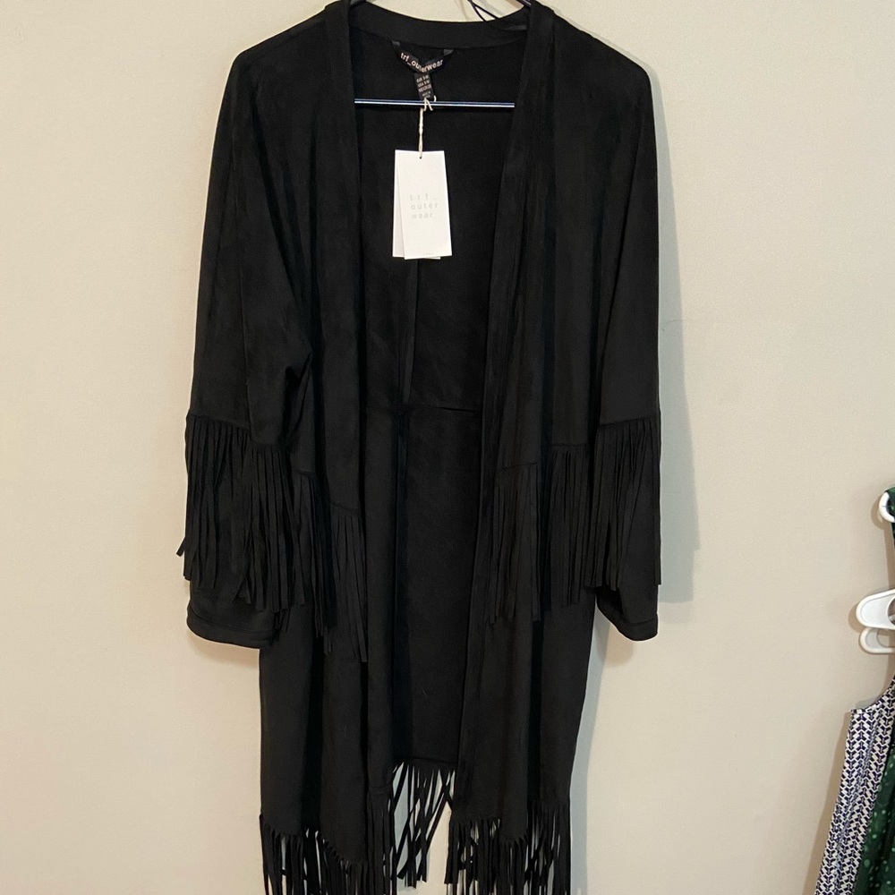 NWT Zara black suede coat with fringe